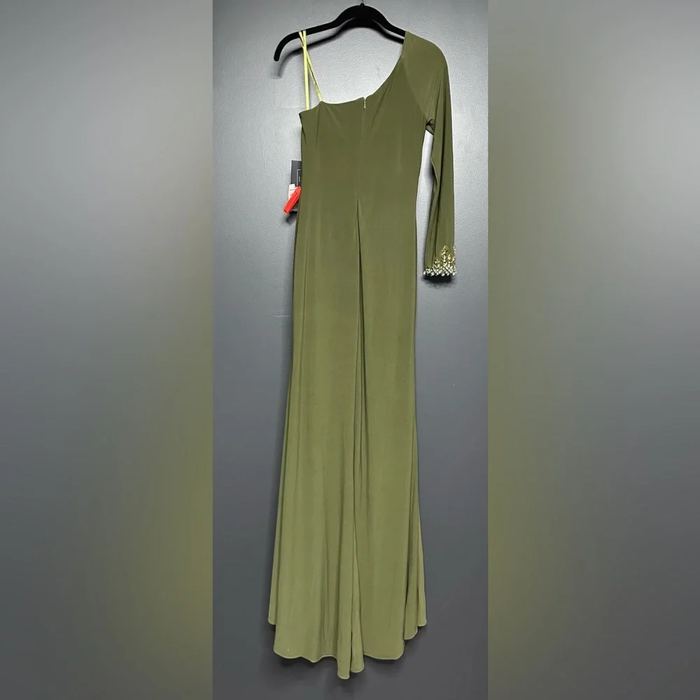 NWT Mac Duggal One Sleeve Beaded Cuff Side Twist Gown Olive 2 55696 - Picture 7 of 7